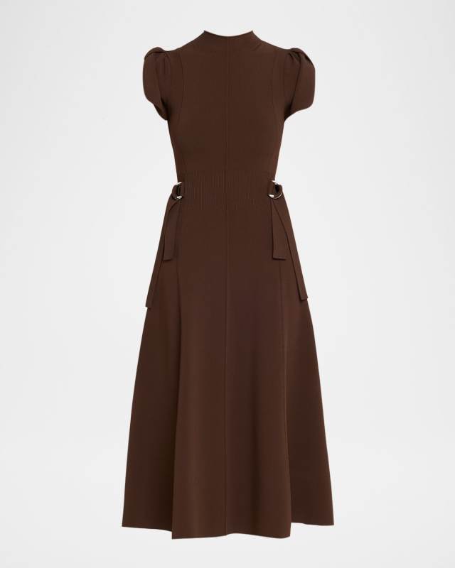 Tulip-Sleeve Compact Rib Midi Dress